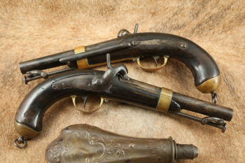 French Navy Chatellerault Model 1837 Percussion Pistols 6 3/4" Smoothbore 60 Cal Antique, Powder Flask