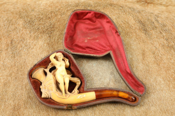 Antique Late 1800s German Austrian Made Hand Carved Nude Mermaid & Seashell Meerschaum Pipe & Case