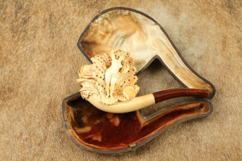 Antique Late 1800s Carl Hiess Austrian Made Hand Carved Mermaid & Seashell Meerschaum Pipe & Case