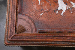 Custom Caballero Tooled, Brass Studded, & Concho Embellished Glass Topped Brown Leather 51&rdquo; x 20&rdquo; Coffee Table - 7