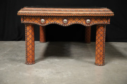 Custom Caballero Tooled, Brass Studded, & Concho Embellished Glass Topped Brown Leather 51&rdquo; x 20&rdquo; Coffee Table - 10