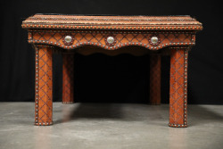 Custom Caballero Tooled, Brass Studded, & Concho Embellished Glass Topped Brown Leather 51&rdquo; x 20&rdquo; Coffee Table - 11