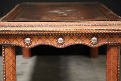 Custom Caballero Tooled, Brass Studded, & Concho Embellished Glass Topped Brown Leather 51&rdquo; x 20&rdquo; Coffee Table - 12