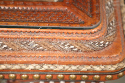 Custom Caballero Tooled, Brass Studded, & Concho Embellished Glass Topped Brown Leather 51&rdquo; x 20&rdquo; Coffee Table - 13