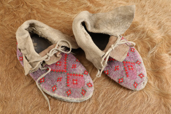 Antique 20th Century Plains Indians Beaded Deerskin & Canvas Moccasins