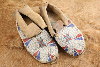 Antique 19th Century Plains Indians Sinew Laced & "Seed" Beaded Deerskin Moccasins