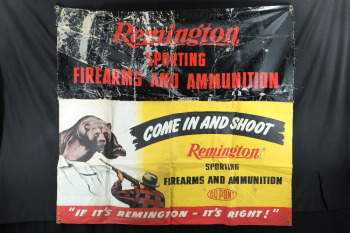 Vintage 1930s Remington Dupont "COME IN AND SHOOT" Bear Themed Oilcloth Advertising Display Banner