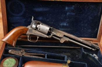 Cased Colt 1851 Model London Navy .36 Caliber Percussion SA Revolver & Accessories, MFD 1855 Antique