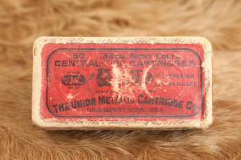 41x Rounds of UMC .38 Short Colt Ammo in Early 1900s Red Label Plaid Box