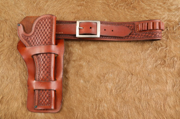 Vintage 1950s H.H. Heiser #510 Colt 7.5" SAA Basket Weave Leather Pistol Holster & Gun Belt Rig