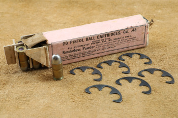 1918 Vintage Peters Cartridge Co. .45 ACP Ammunition 19x Rounds in Box with 6x Half-Moon Clips