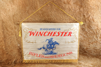 Vintage 1960s &ldquo;HEADQUARTERS FOR WINCHESTER RIFLES and SHOTGUNS&rdquo; Horse & Rider Banner Tapestry