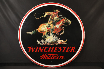Vintage 1990s Stout-Lite "WINCHESTER / Western" Horse & Rider Double Sided 38" Advertising Sign