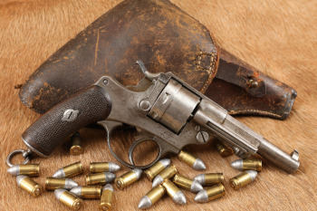 French Model 1873 Saint-&Eacute;tienne 4 1/2" SA/DA Revolver, Holster & Ammo, 1877 Antique