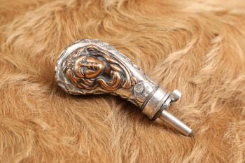 Antique ca. 1870s Old West Sterling Silver Engraved Bronze Female Embellished Lady's Powder Flask