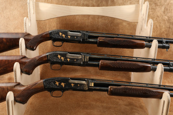 Browning Model 12 & 42 Grade V 3 Gun Set, 20, 28 & 410 Ga. Engraved Pump Action Shotguns, 1988-91
