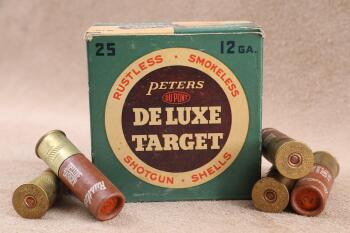Full Correct Box, 25 Rounds of Vintage 1940s Peters 12 Gauge 3" Deluxe Target Shotgun Shells