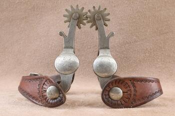 Antique 1920s Crockett Single-Side Nickel Silver Mounted Steel Cowboy Spurs W/ Tooled Boot Straps