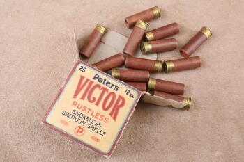 Full Correct Box, 25 Rounds of Vintage 1940s Peters Victor 12 Gauge 2 5/8" Shotgun Shells