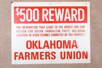 Vintage Oklahoma Farmers Union $500 Reward For Arrest And Conviction...Enamel 14" x 11" Metal Sign
