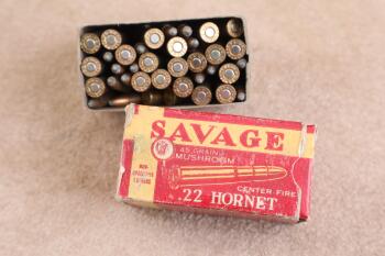 Partial Correct Box, 37 Rounds of Vintage 1940s Savage .22 Hornet Ammo