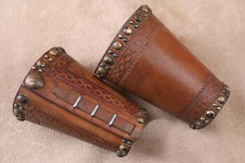 Vintage 1920s Brass Spotted & Chain Link Tooled Brown Leather Cowboy Cuffs