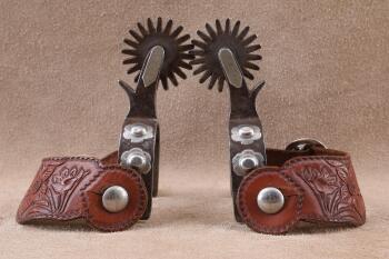 Antique 1920s Crockett Flower Petal Nickel Silver Mounted Steel Cowboy Spurs W/ Tooled Boot Straps