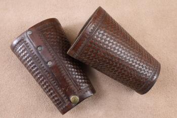 Antique Early 1900s Clark Saddlery Portland, OR Made Basket Weave Tooled Brown Leather Cowboy Cuffs