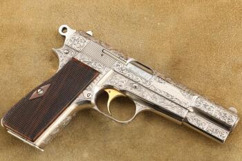 B. Romainville Factory Renaissance Engraved Browning Hi Power Nickel 9mm Pistol, 1979