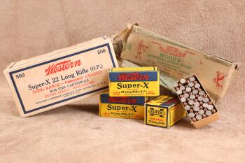 Full Correct Box, 500 Rounds of Vintage 1930s Western Super-X .22 Long Rifle Hollow Point Ammo