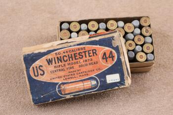 Partial Correct Box, 49 Rounds of Antique 1900s United States Cartridge Co. .44-40 Winchester Ammo