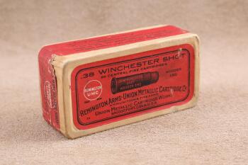 Full Correct Sealed Box 50 Rounds of Antique 1910s Remington-UMC .38 Winchester Shot Wooden End Ammo