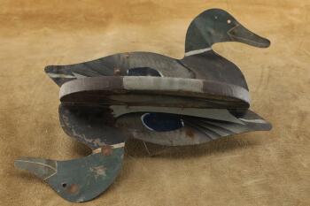 Vintage Sheet Metal & Wood Flip Over Mallard Drake Duck Decoy