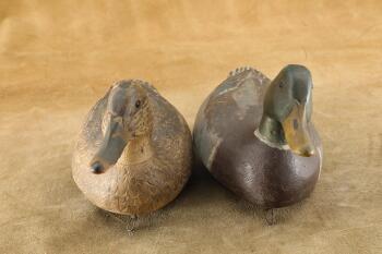 Vintage 1940s Ben Schmidt Mallard Drake & Hen Wooden Duck Decoys Pair