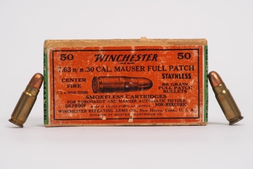 Full Correct Winchester Sealed Ammo 7.63 m/m .30 Cal. Mauser, Orange Label K7631T