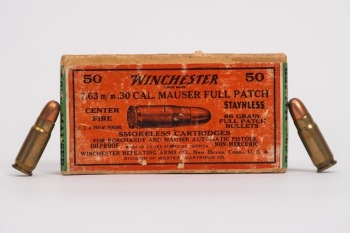 Full Correct Winchester Sealed Ammo 7.63 m/m .30 Cal. Mauser, Orange Label K7631T