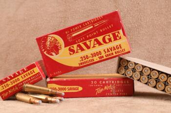 3 Full Correct Boxes, 60 Rounds of Vintage 1940s Savage .250-3000 Savage Ammo