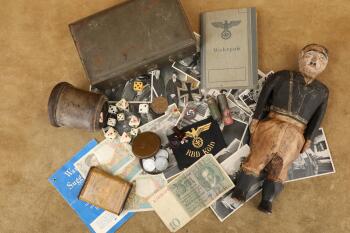 US WW2 German War Souvenirs Vet Bringback Lot-Hand Carved Wood Hitler Figurine, Iron Cross, Etc.