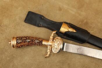 Imperial German WW1 Carl Eickhorn Etched Blade Stag Handle Hirschfanger Hunting Dagger, Sheath