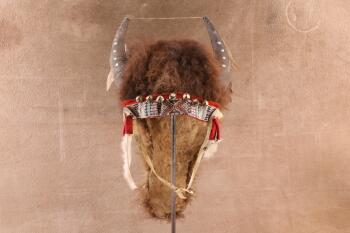 Modern Made Native American Style Buffalo Headdress Medicine Man Hat W/ Beadwork, Bells, & Tail
