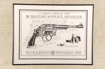 1960's Vintage Framed Smith & Wesson M&P Cutaway Poster Bangor Punta Co., 20x26"