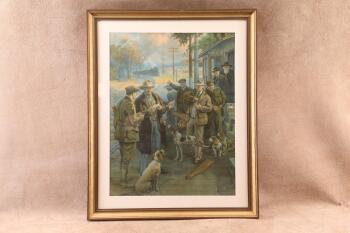 Framed "Sportsman's Credentials" Western Cartridge Co. Ad Calendar Top By Charles M Russell, 20x25"