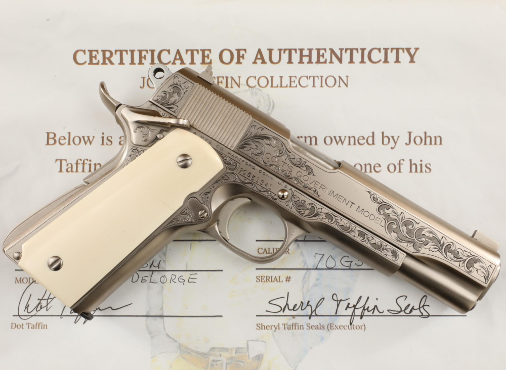 John Taffin's Ed DeLorge Engraved Satin Nickel Colt Series 70 1911