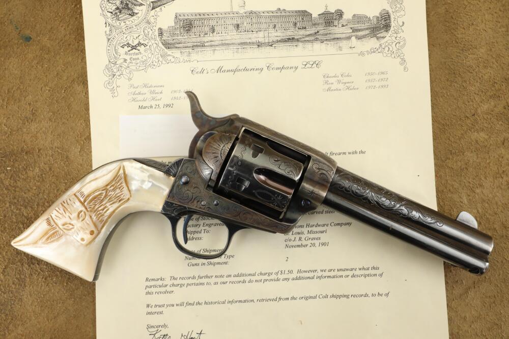 Factory Engraved Pearl Steer Head Grips 1st Gen Colt Single Action