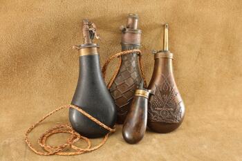 4 Black Powder Flasks, 19th Century Pistol & English, 1950s Dixon, Modern Reproduction Rifle Flask