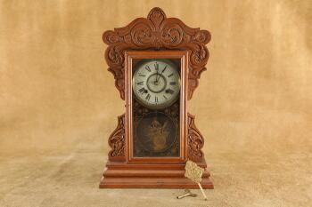 Antique New Haven 8 Day Gingerbread Mantle Clock, 21 3/4 x 13 3/4 x 5"