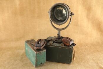 Antique Militaria Lot WWI Brass 8" Searchlight, 1917 Wooden Ammo Box & 2 Pulley Blocks