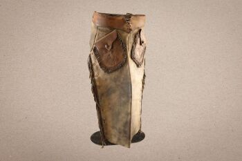 Antique Early 1900s S.C. Gallup Pueblo, CO Fringed Brown Leather Cowboy Shotgun Chaps