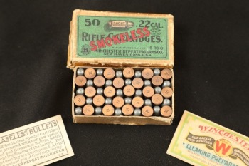 1x Full Box, 50 Rds. of Vintage 1900s Winchester .22 Short “Smokeless Rifle Cartridges” Ammo W/ Two Piece Box, “Greaseless Bullets” Printout, and “Cleaning Preparations” Foldout