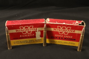 1x Full Box, 20 Rds. of Vintage Winchester Silvertip Super Speed .375 H&H Magnum Ammo, 1x Partial Box of 17 Reloaded Rds. and 2 Empty Cases of Winchester Silvertip Super Speed .375 H&H Magnum Ammo, W/ Red & Yellow “W” Boxes